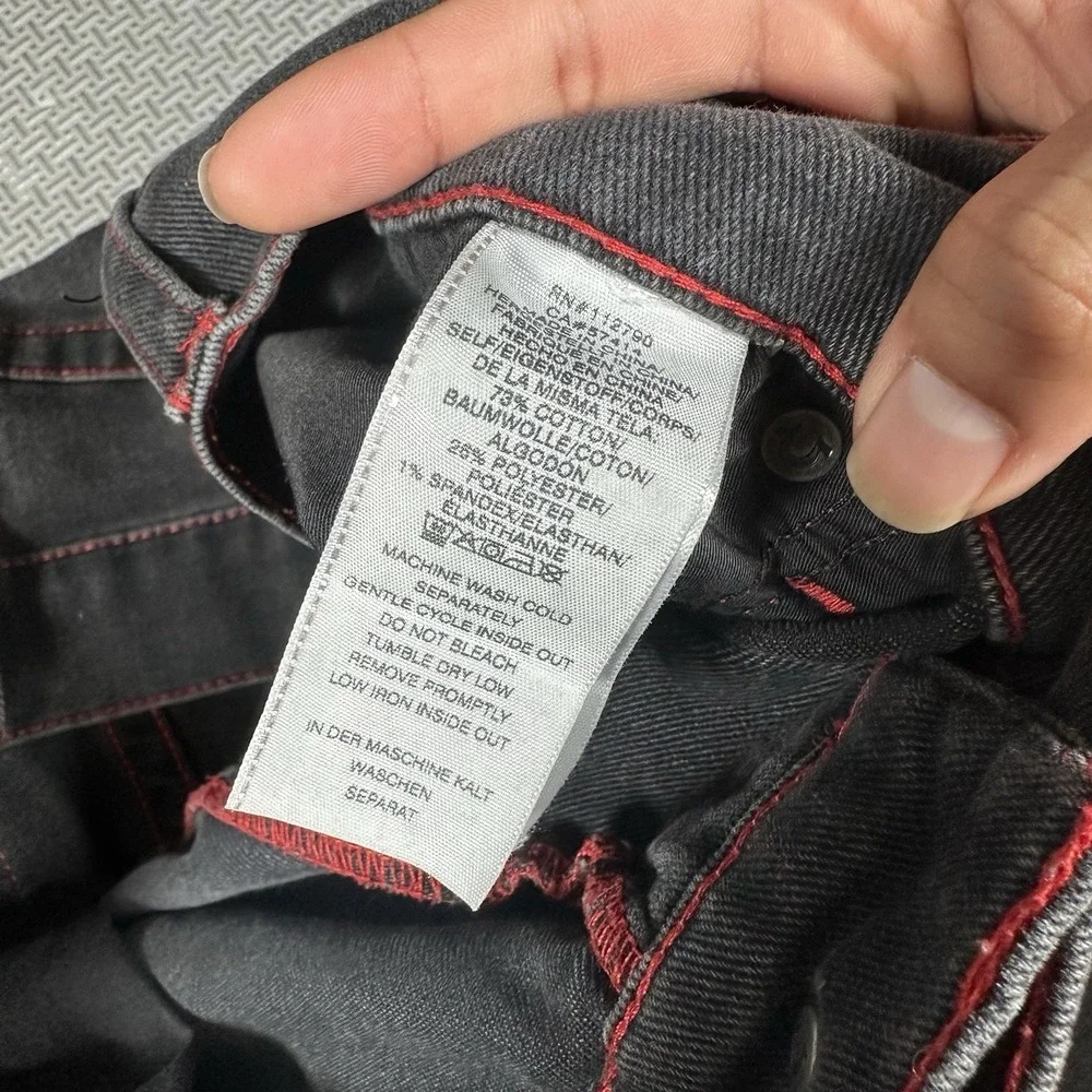 True Religion Ricky Relaxed Straight Jeans Black Red Super T Stitch Mens 41x33*